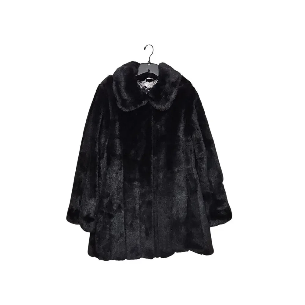 Dennis Basso Faux Fur Mink Black Coat Women Size Large Collared Pockets Mobwife - Picture 1 of 12